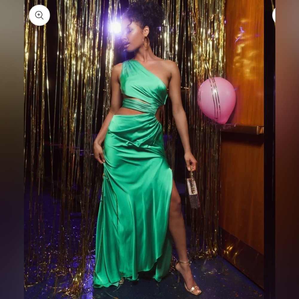 Mac Duggal One-Shoulder Emerald Satin Cutout Maxi Dress